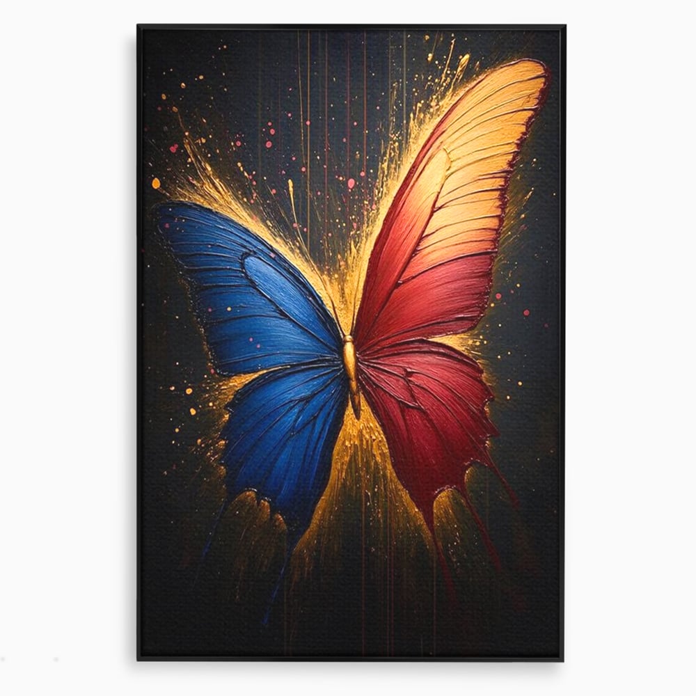 Tablou canvas cu tablou canvas cu fluture colorat, in rama de aluminiu negru